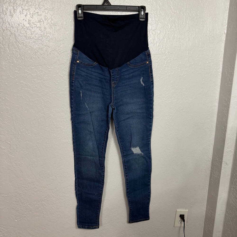 Maternity Skinny Jeans Medium Wash Distressed Full Belly Panel Blue Denim